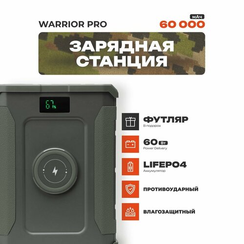 Портативная зарядная полевая станция LifePo4 ударопрочная с влагозащитой WARRIOR PRO с автомобильной розеткой и беспроводной зарядкой 29000₽