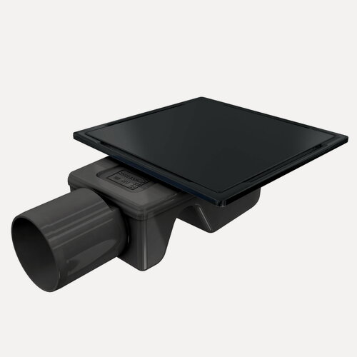 Изображение товара Трап квадратный душевой Vimarr YC-2 515YC231013050 10х10 см черный с рамкой из нержавеющей стали, с горизонтальным выходом D50 мм, решетка под плитку (перевертыш), черная