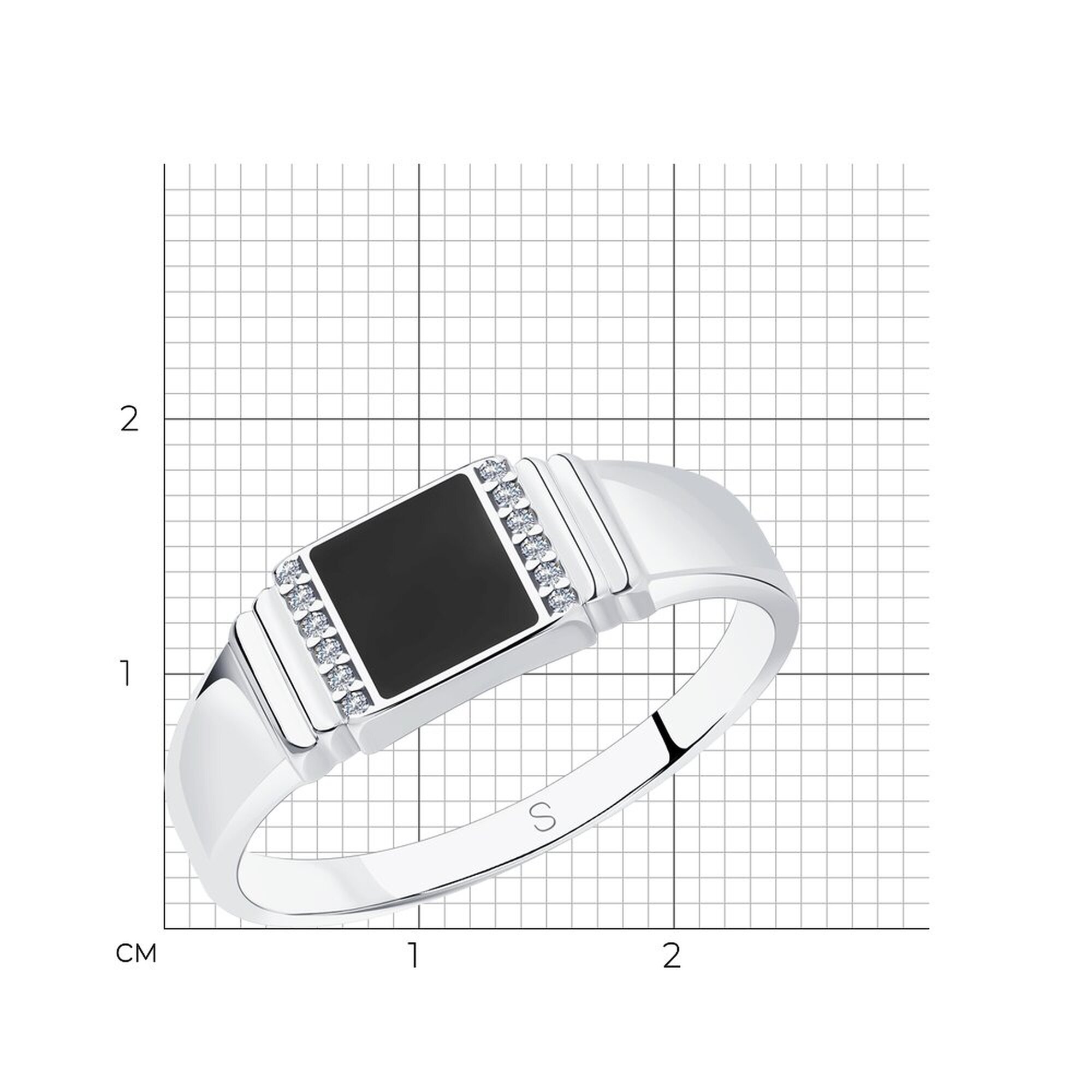 Печатка Diamant online, серебро, 925 проба, родирование, фианит, эмаль, размер 19.5, прозрачный/черный — фото 1