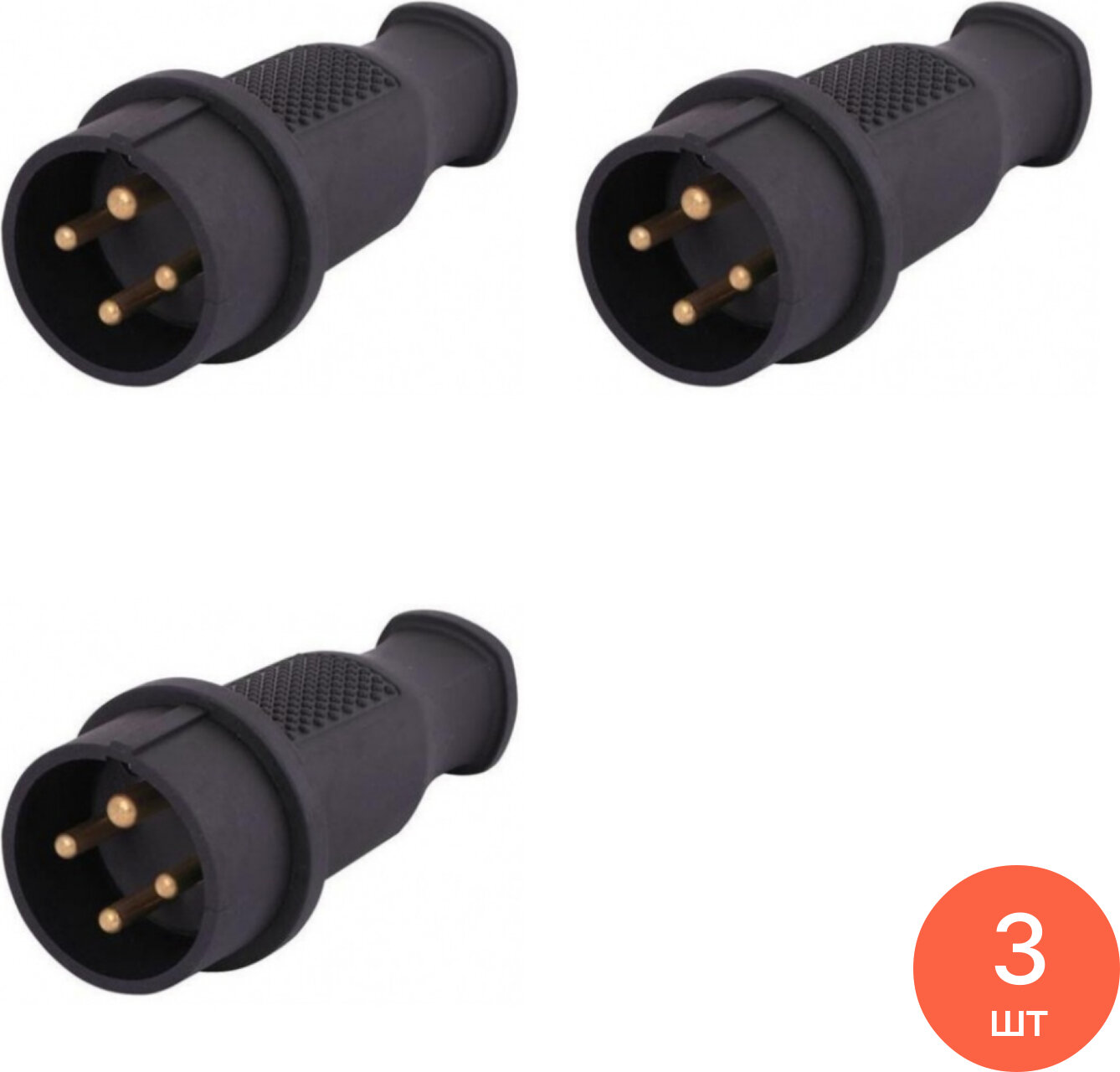 Вилка силовая кабельная Lezard / Лезард переносная прямая из каучука черная 32A 3P+E 380В IP44 332-0100-0201/201 / электрика (комплект из 3 шт)