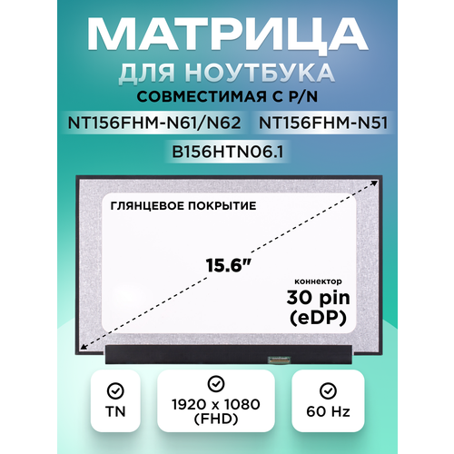 Матрица для ноутбука 15.6" коннектор 30 pin (eDP) 1920x1080 (FHD) TN глянцевая без креплений 35cm