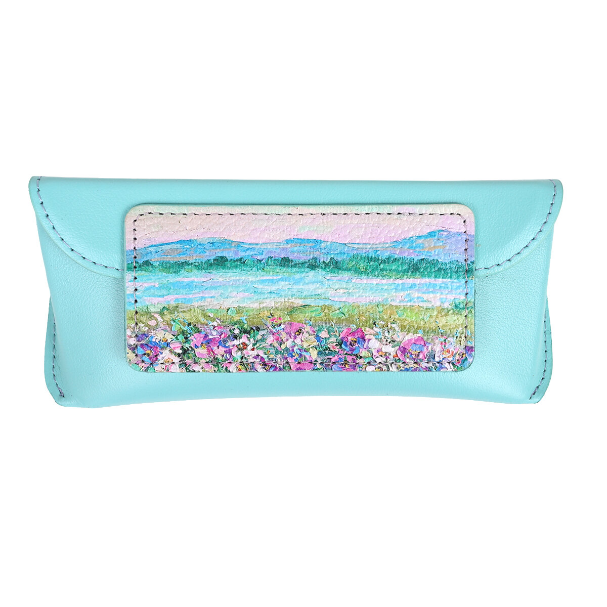 Бирюзовый футляр для очков из натуральной кожи с принтом Eshemoda “Цветущий луг”