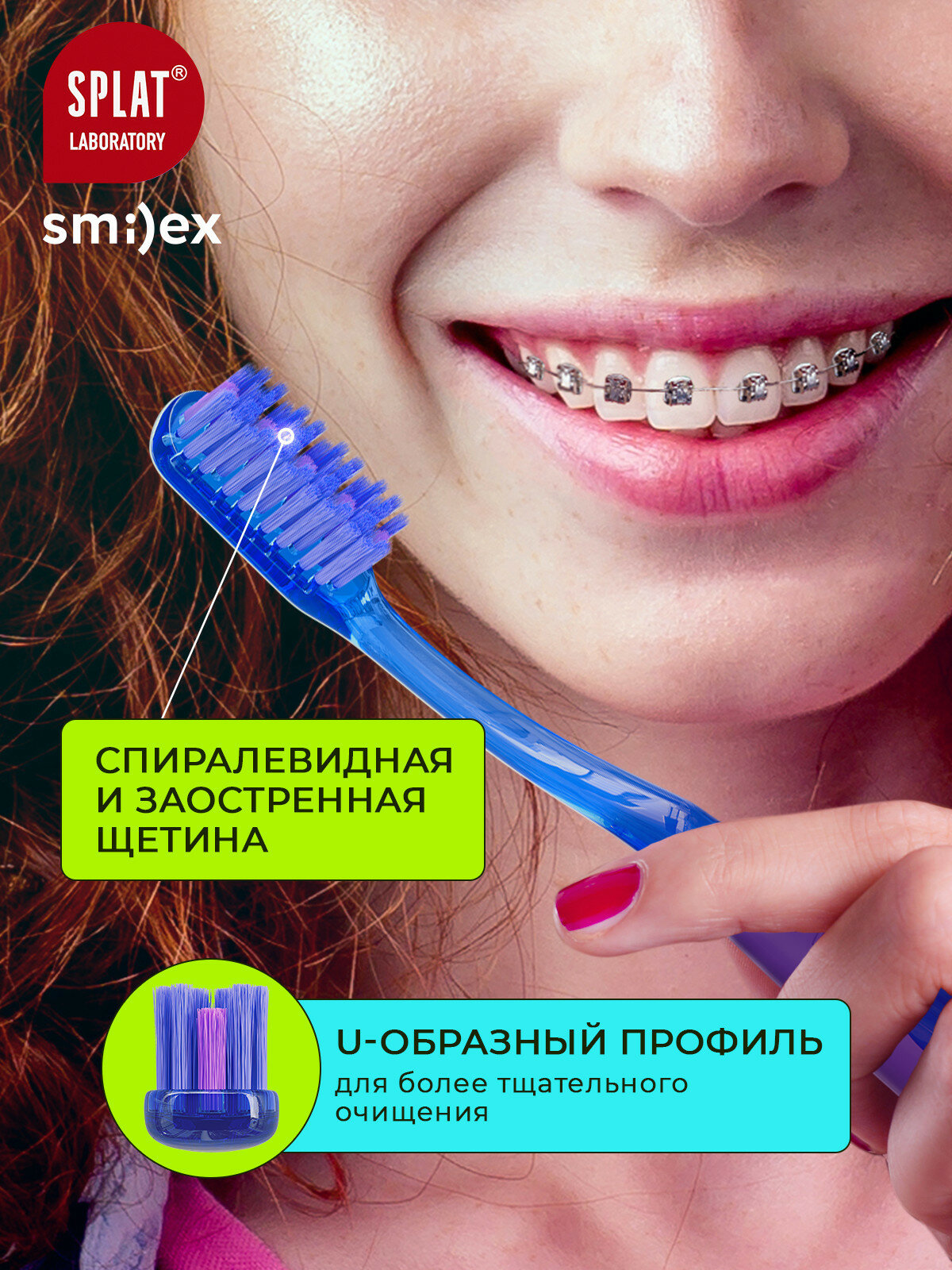 Ортодонтическая зубная щетка SPLAT SMILEX ORTHO+. Мягкая, синяя — фото 1