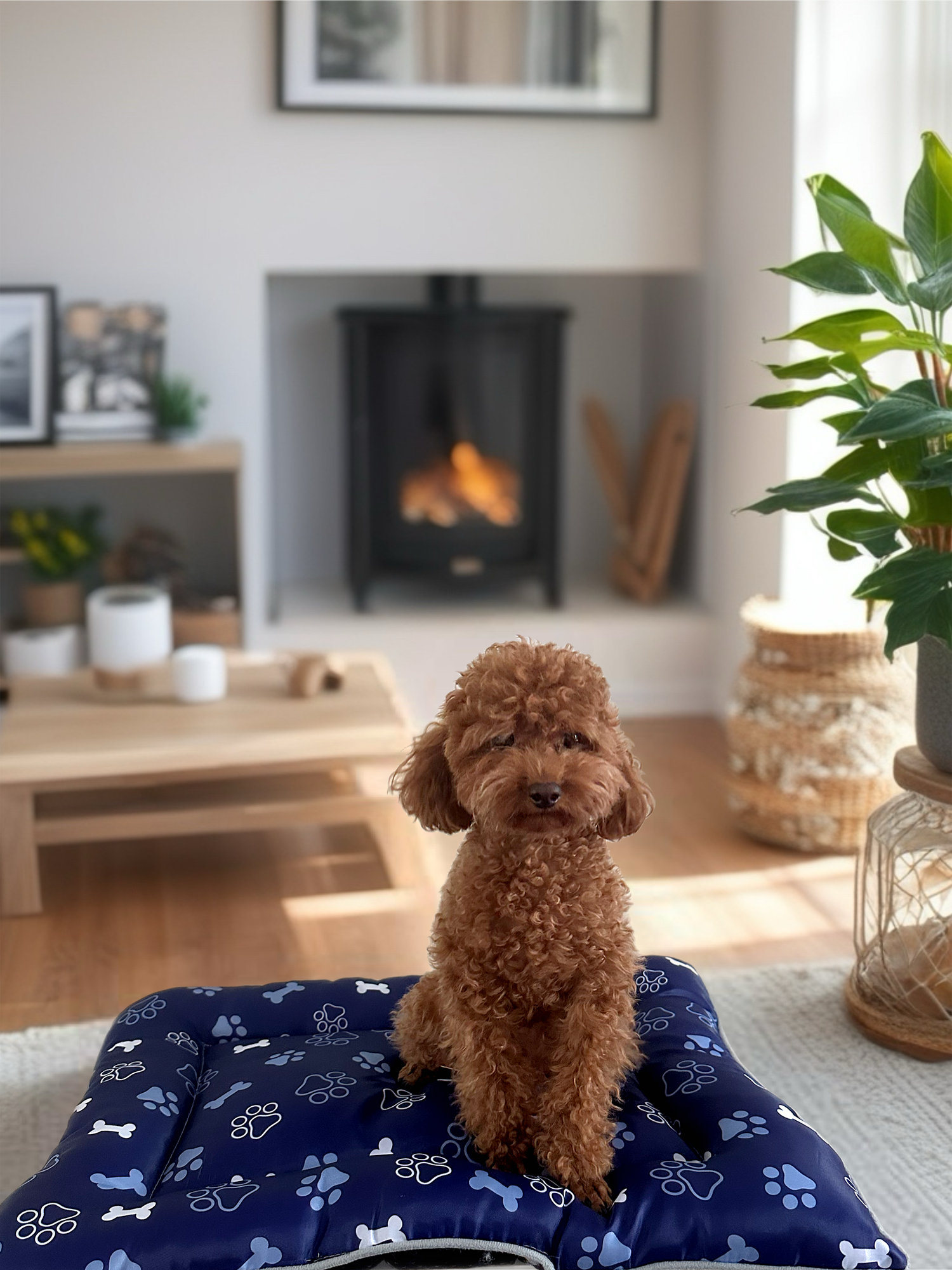 Лежанка/лежак для собак и кошек размер 60х42 см синяя "Лапки/Косточки" (нескользящее дно)