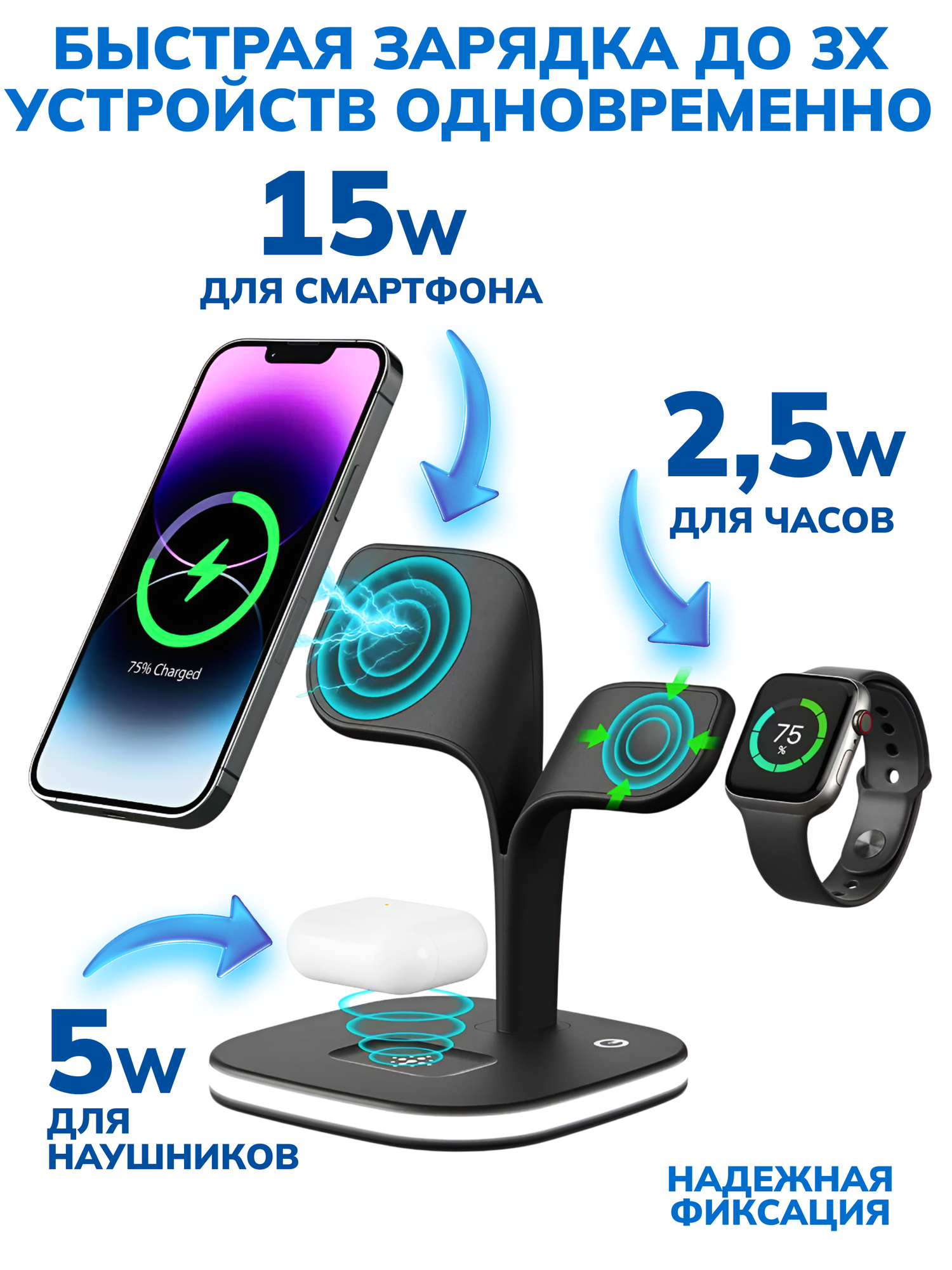 Беспроводная зарядка MagSafe для iPhone, AirPods, Apple Watch. Беспроводное зарядное устройство, ночник настольная лампа — фото 1