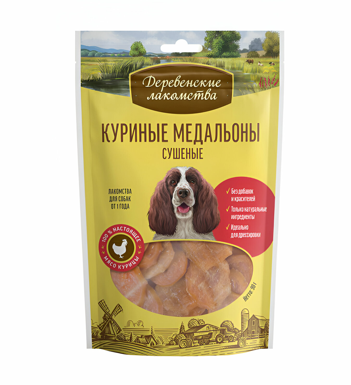 Деревенские лакомства 100 % Мяса Куриные медальоны сушеные для собак 90 г