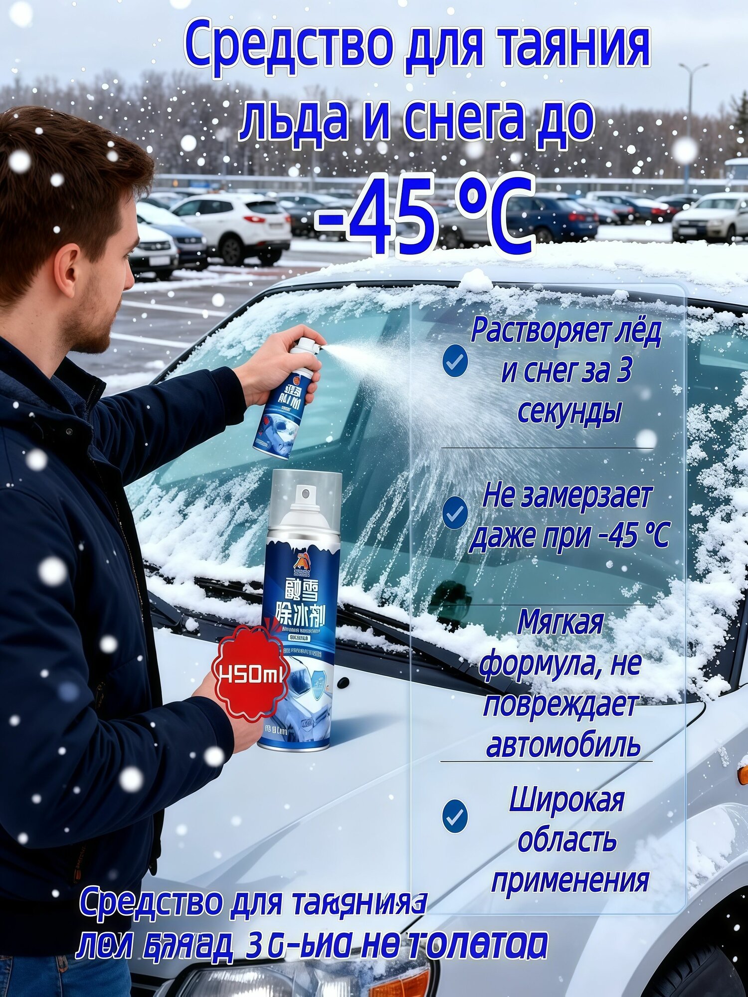 Антигололёдное средство -45 C 3-секундное быстрое таяние льда мягкая формула безопасно для автомобиля предотвращает повторное замерзание универсальное применение 450 мл