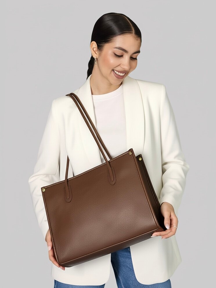 Сумка тоут Evangelina May, фактура рельефная, зернистая, матовая, коричневый — фото 1