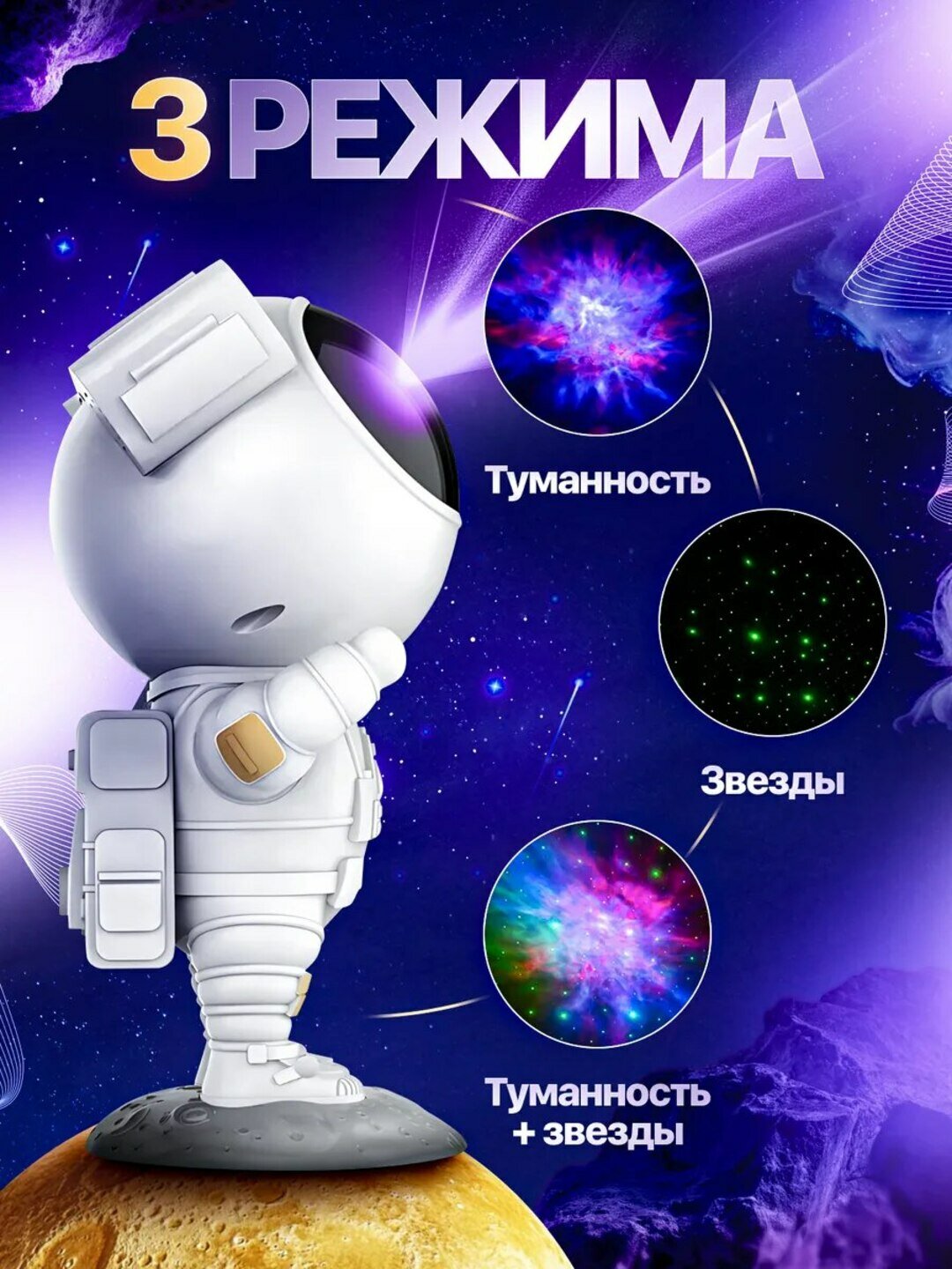 Ночник-проектор "Космонавт" (детский), бесшумный, белый, питание — фото 1