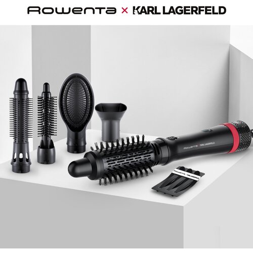 Фен щетка для волос Rowenta Karl Lagerfeld Express Style CF635LF0, черный, 5 насадок, покрытие Keratin & Glow, вращающийся шнур фен rowenta фен для волос karl lagerfeld express style cv184lf0