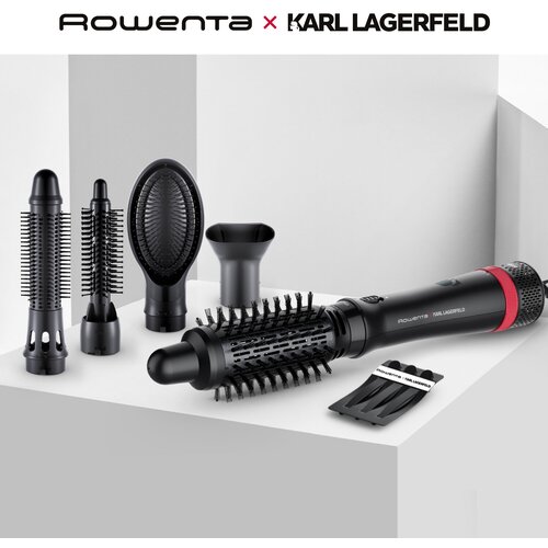 Фен щетка для волос Rowenta Karl Lagerfeld Express Style CF635LF0, черный, 5 насадок, покрытие Keratin & Glow, вращающийся шнур фен щетка для волос rowenta karl lagerfeld express style cf634lf0 черный мощность 800 вт петля для подвешивания 5 насадок чехол в комплекте