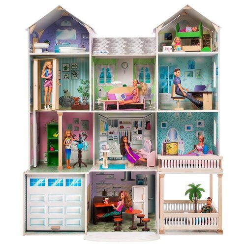 фото Деревянный кукольный домик "поместье виттория", с мебелью 36 предметов в наборе и с гаражом, свет, звук, для кукол 30 см paremo