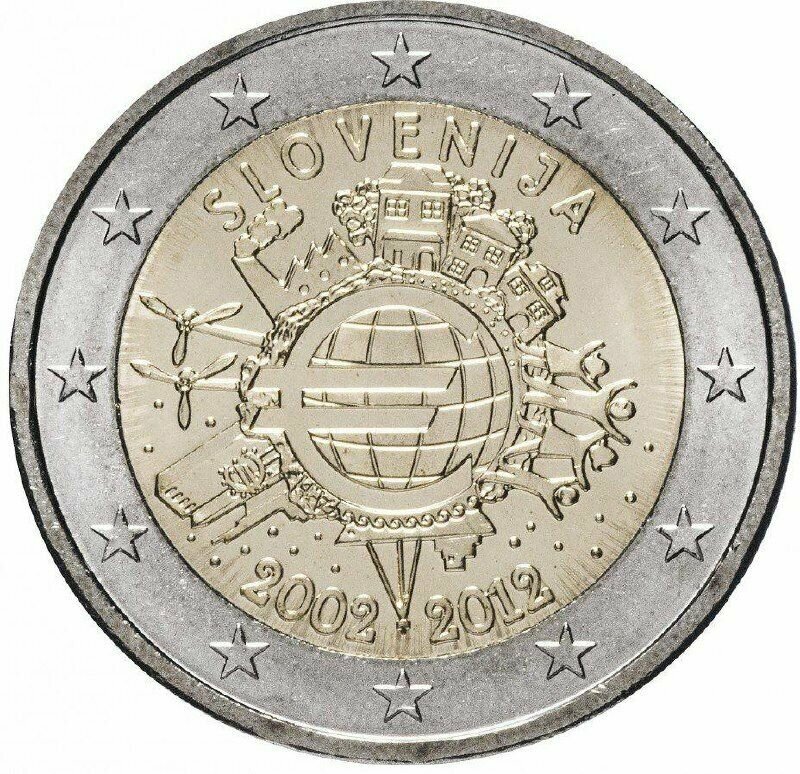 Монета 2 евро 10 лет наличному обращению евро. Словения 2012 UNC