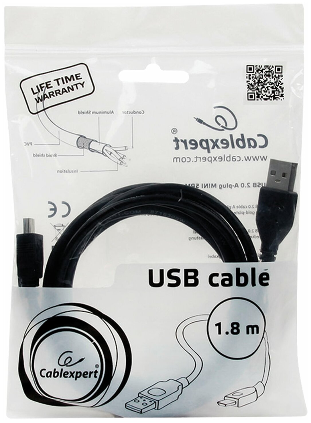 Кабель USB 2.0, AM/miniBM 5P, экран, ферритовое кольцо, 1,8 м, черный, Cablexpert