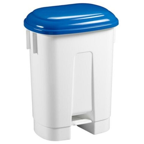 фото Ведро пластиковое для мусора, 60л. с держателем под мешок, с педалью, белое с синей крышкой acg