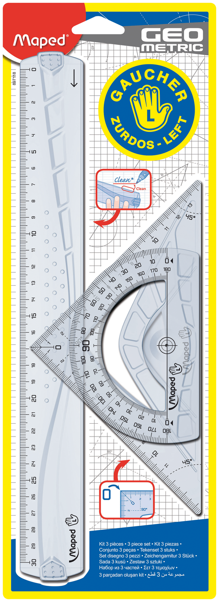 Набор чертежный MAPED GEOMETRIC для левшей: линейка 30см, угольники 21см, транспортир 12см