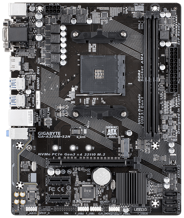 Gigabyte Soc-AM4 GA-A320M-S2H 2xDDR4-2400, D-SUB+DVI-D+HDMI, 1xPCI-Ex16, 2xPCI-Ex1, 4xSATA3(RAID 0/1/10), 1xM.2, 8 Ch