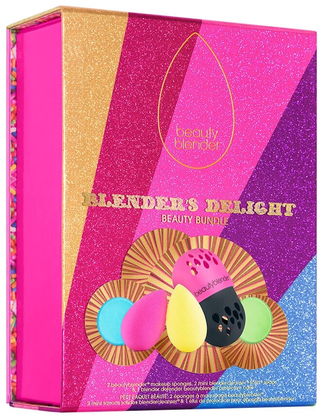 Набор BEAUTYBLENDER Подарочный Blender's Delight, спонжи: original (розовый) 1шт, joy (желтый) 1шт,мини-мыло 2шт, защитный футляр blender defender для хранения спонжей 1шт