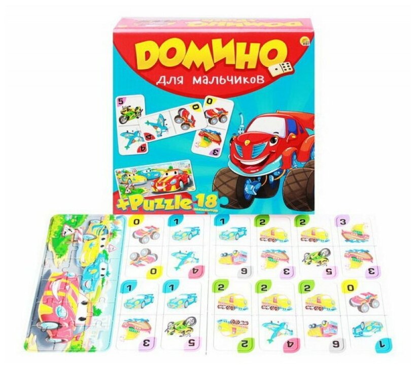 Настольная Игра Домино. Для мальчиков (+пазлы 18 дет, в коробке, от 3 лет) ИН-6756, (Рыжий кот)