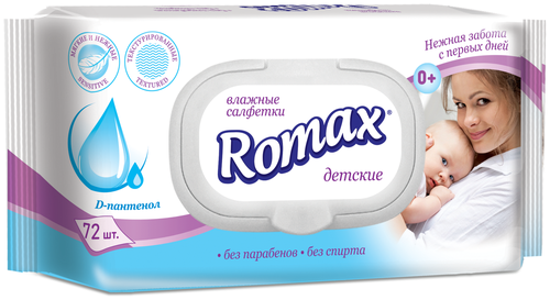 Влажные салфетки Kosmobel Romax с пантенолом, пластиковая крышка, 72 шт.