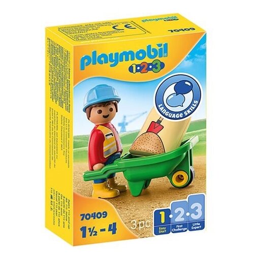 фото Набор с элементами конструктора playmobil 1-2-3 70409 строитель с тележкой