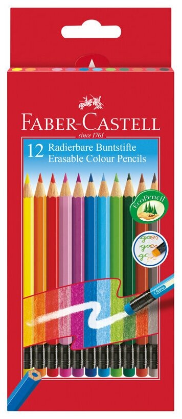 Карандаши цветные стираемые Faber-Castell, 12цв., заточен., картон, европодвес