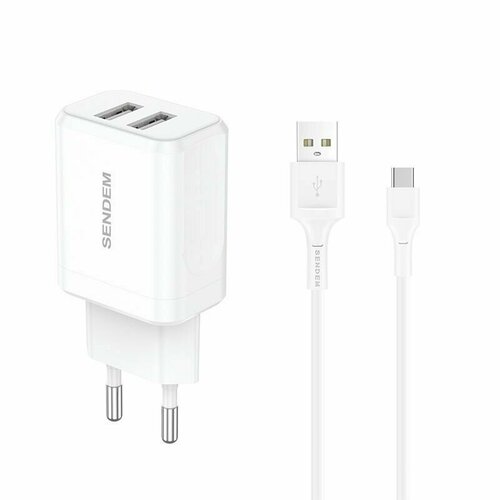 Зарядное устройство с 2*USB + кабель Type-C 1м (5B, 3400mA) SENDEM OG32 Белый