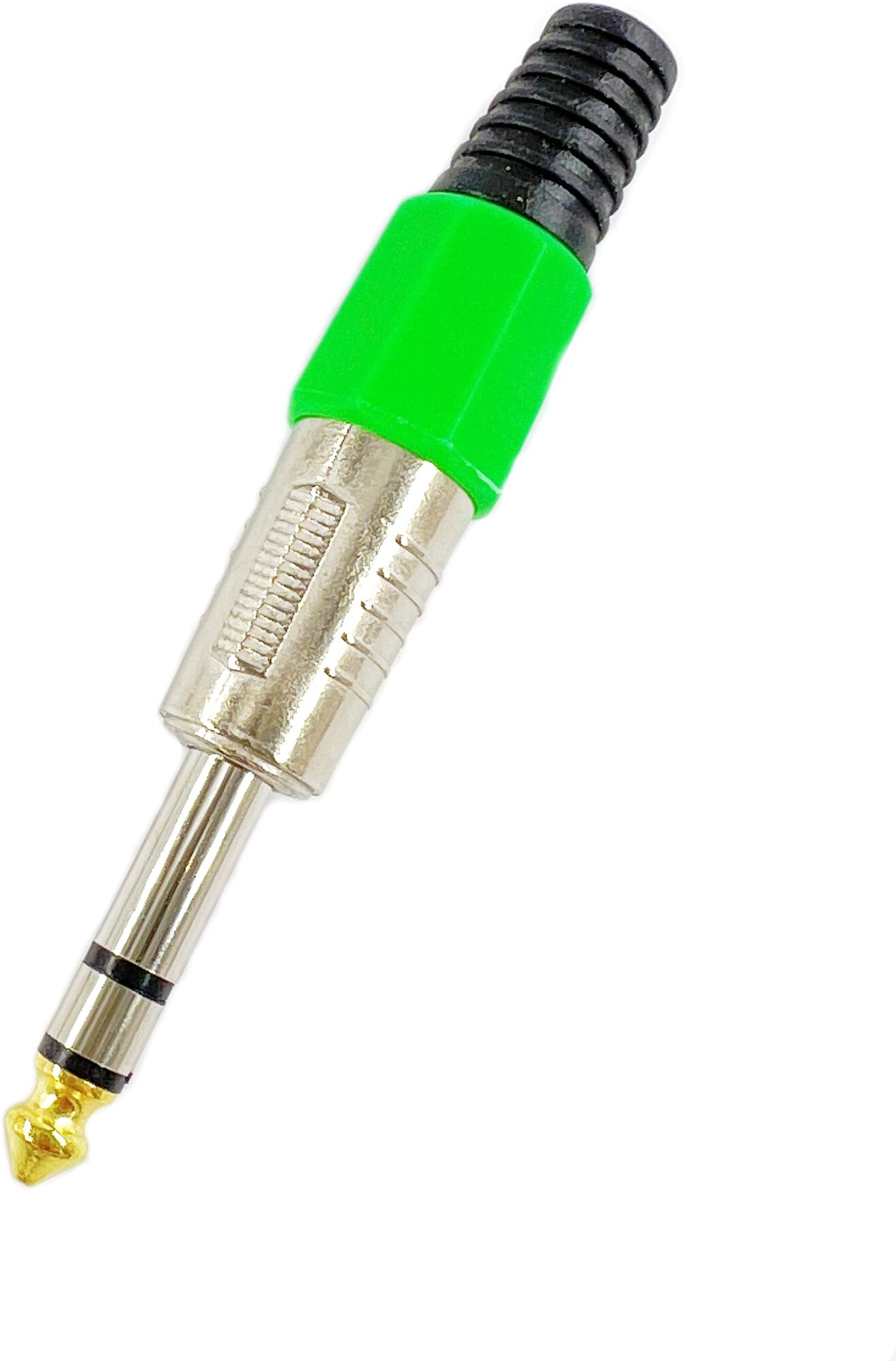 Разъем аудио 6.35мм штекер стерео металл цанга "позолоченный носик" на кабель, зеленый