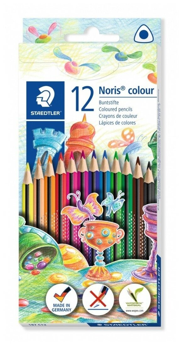 Карандаши цветные STAEDTLER (Германия) "Noris",12 цветов, трехгранные, заточенные, европодвес, 127 NC12, 187 C12
