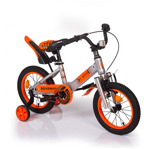 фото Велосипед детский со съемными тренировочными колесами mobile kid roadway, 14 дюймов, серебряный с оранжнвым
