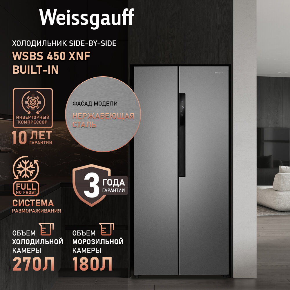 фото Отдельностоящий холодильник с инвертором Weissgauff Wsbs 450 XNF Built-in