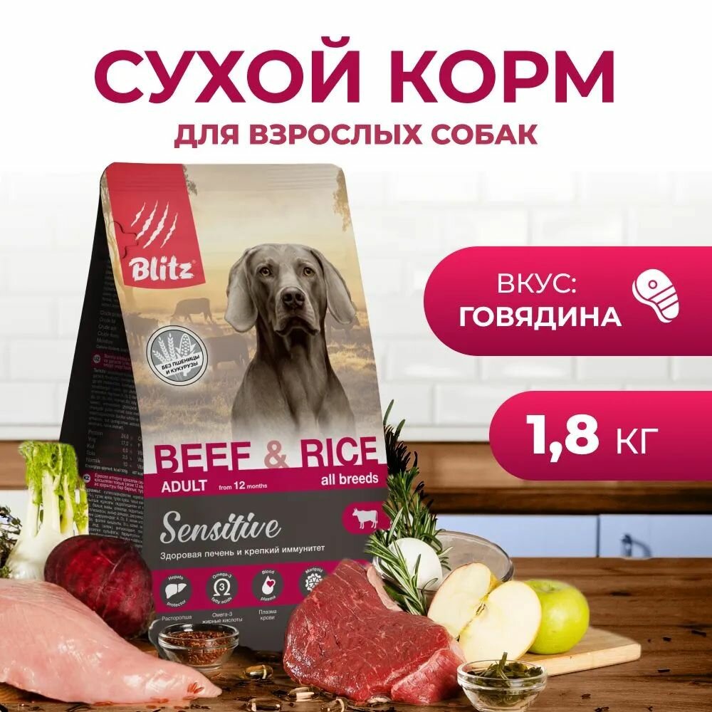 Сухой корм для собак Blitz Sensitive adult Beef & Rice говядина и рис 1,8 кг