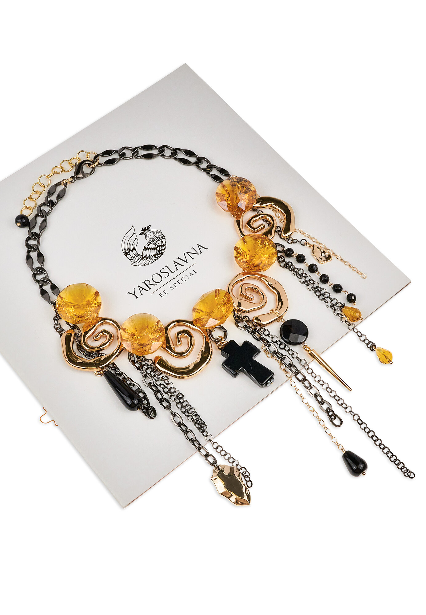 Колье YAROSLAVNA, стекло, агат, длина 42 см, золотой, желтый, черный — фото 1