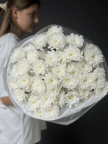 Изображение товара Монобукет Бутон, хризантемы, 9 веток, упаковка, диаметр 30 см