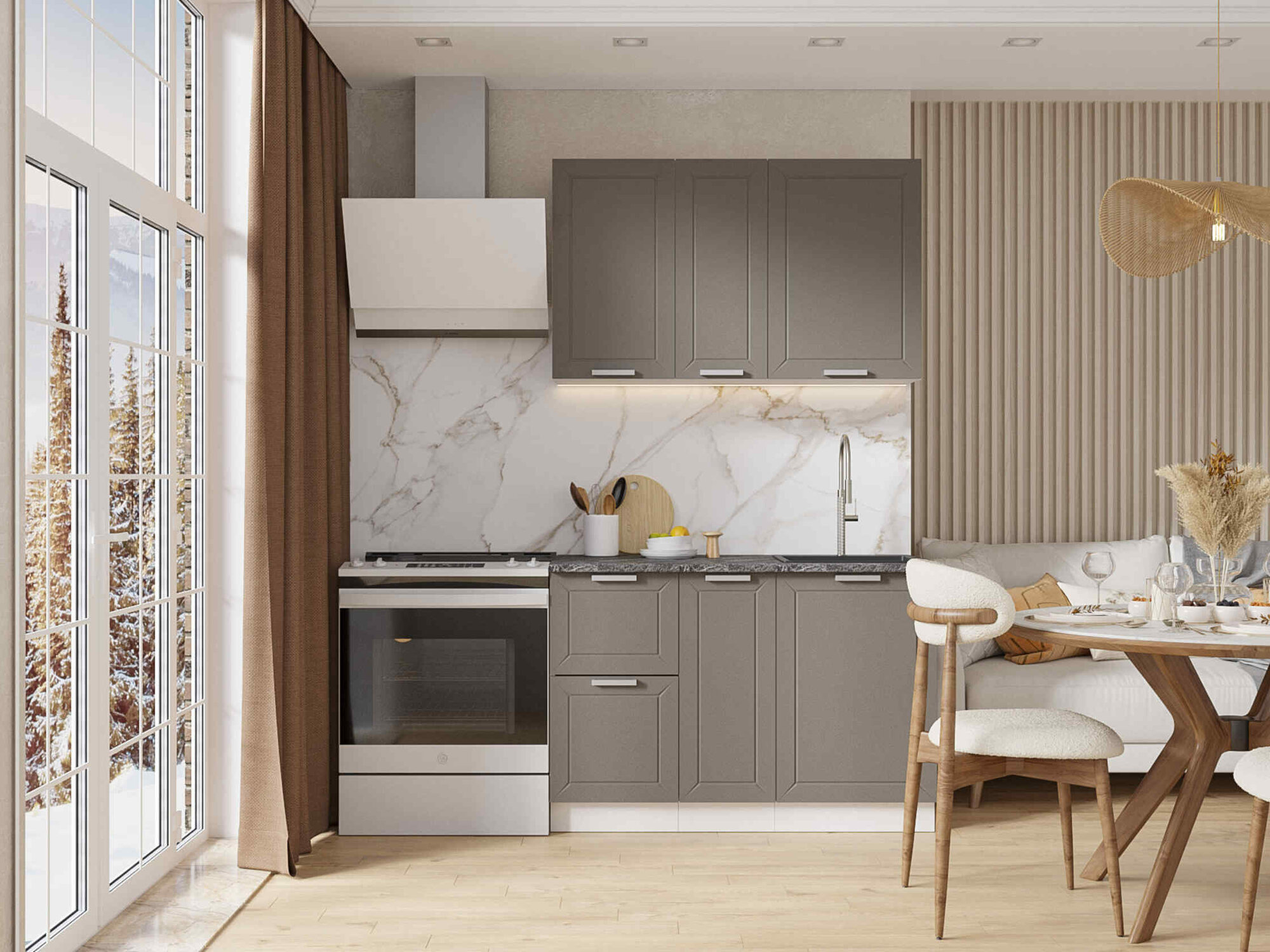 Кухня Альфа 12 м холст вулкан (корпус белый столешница кастилло темный)