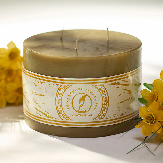 Большая свеча с тремя фитилями Ливорно 105*150 мм оливковая