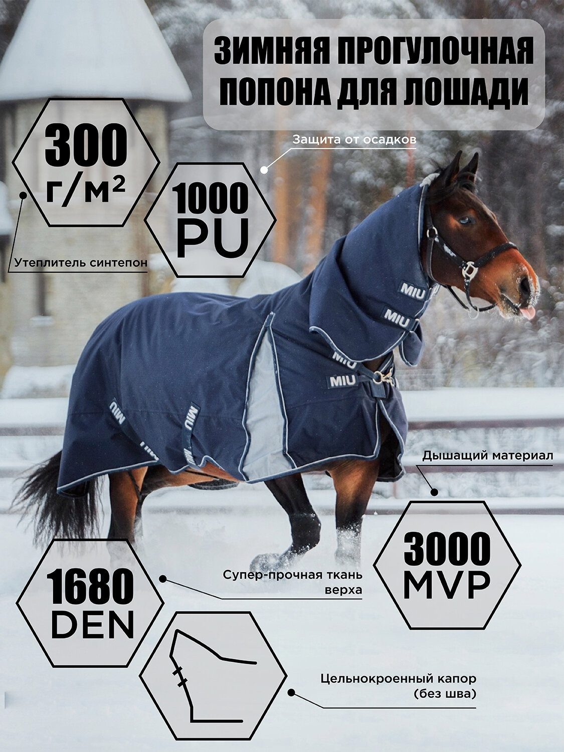 Попона для лошади прогулочная зимняя OSLO с капором, 300 гр (размер 135)