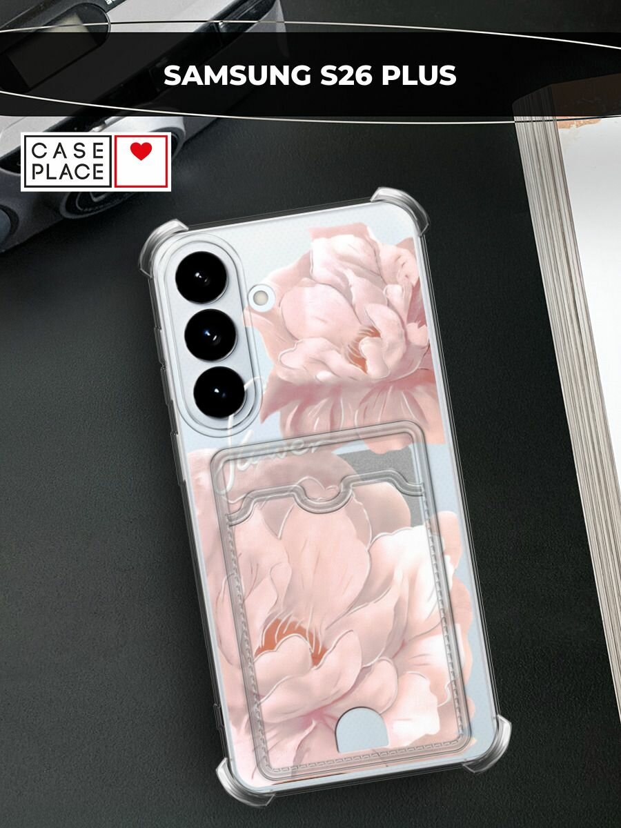 Чехол на Samsung S26 Plus (Самсунг S26 Плюс) с картой и принтом Flower розовый