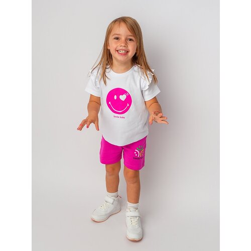 фото Комплект одежды kotmarkot для девочек, футболка и шорты, повседневный стиль, трикотажный, без карманов, без капюшона, размер 74, белый, розовый