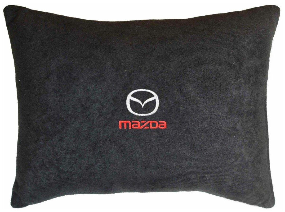Подушка декоративная в салон автомобиля из велюра для (мазда) "Mazda"/подушка в салон/подушка под спину/подушка с вышивкой/ подушка для путешествий/ цвет: черный, 26 х 36 см