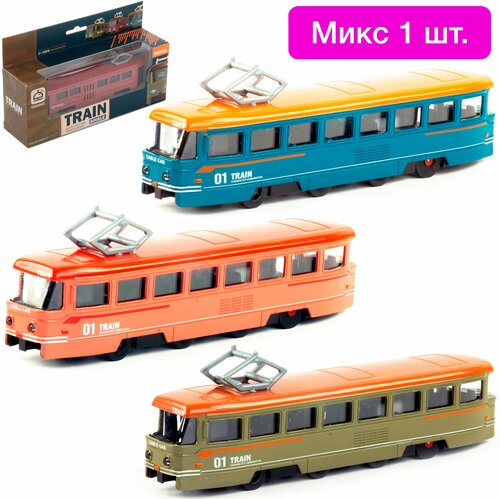 Металлический трамвай игрушка 1:50 Tatra T3SU 6635 18.5 см, инерционный, свет, звук в коробке / Микс