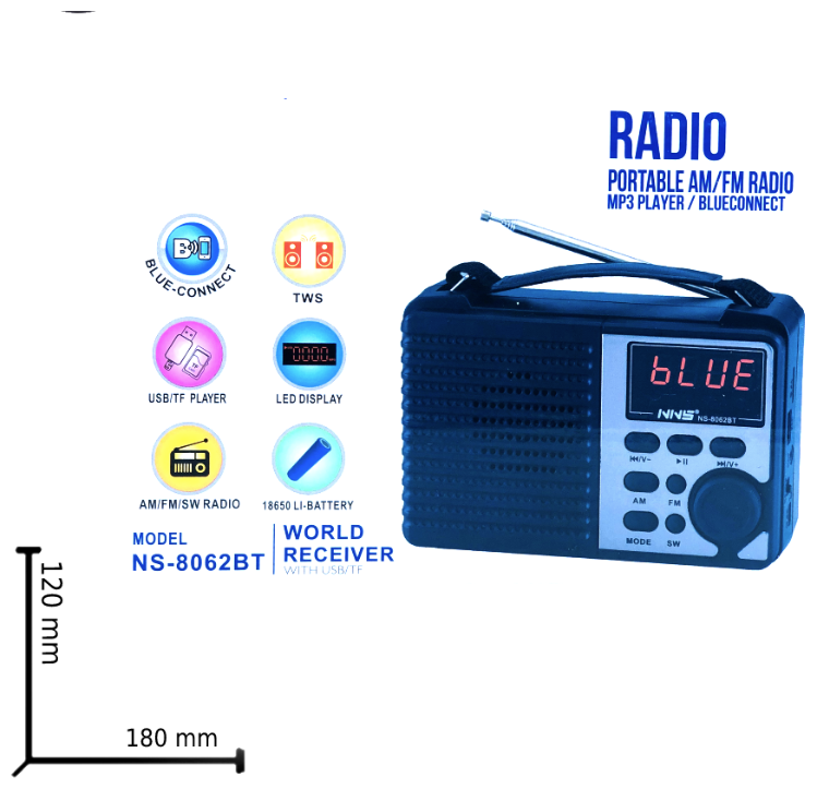 NS8062 Портативное многодиапазонное домашнее радио Fm/Am/Sw/ Беспроводной динамик/ Перезаряжаемый аккумулятор/ Радиоприемник