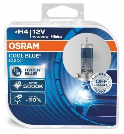 Лампа автомобильная H4 (100/90) P43t +50% COOL BLUE BOOST 5000K (евробокс, 2шт 12V OSRAM