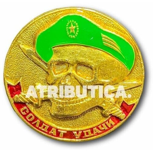 Знак Нагрудный Солдат Удачи ( Череп В Зеленом Берете ) (Золотистый / Винтовая закрутка)