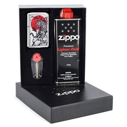 Зажигалка ZIPPO Asian Tiger Brushed Chrome в подарочной упаковке + топливо и кремни