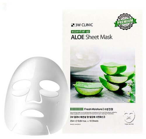 3W Clinic Essential Up Aloe маска с экстракт алоэ увлажняющая, 10 шт. по 25 мл