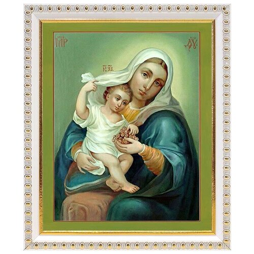 Икона Божией Матери "Покрывающая" Домодедовская, в белой пластиковой рамке 17,5*20,5 см