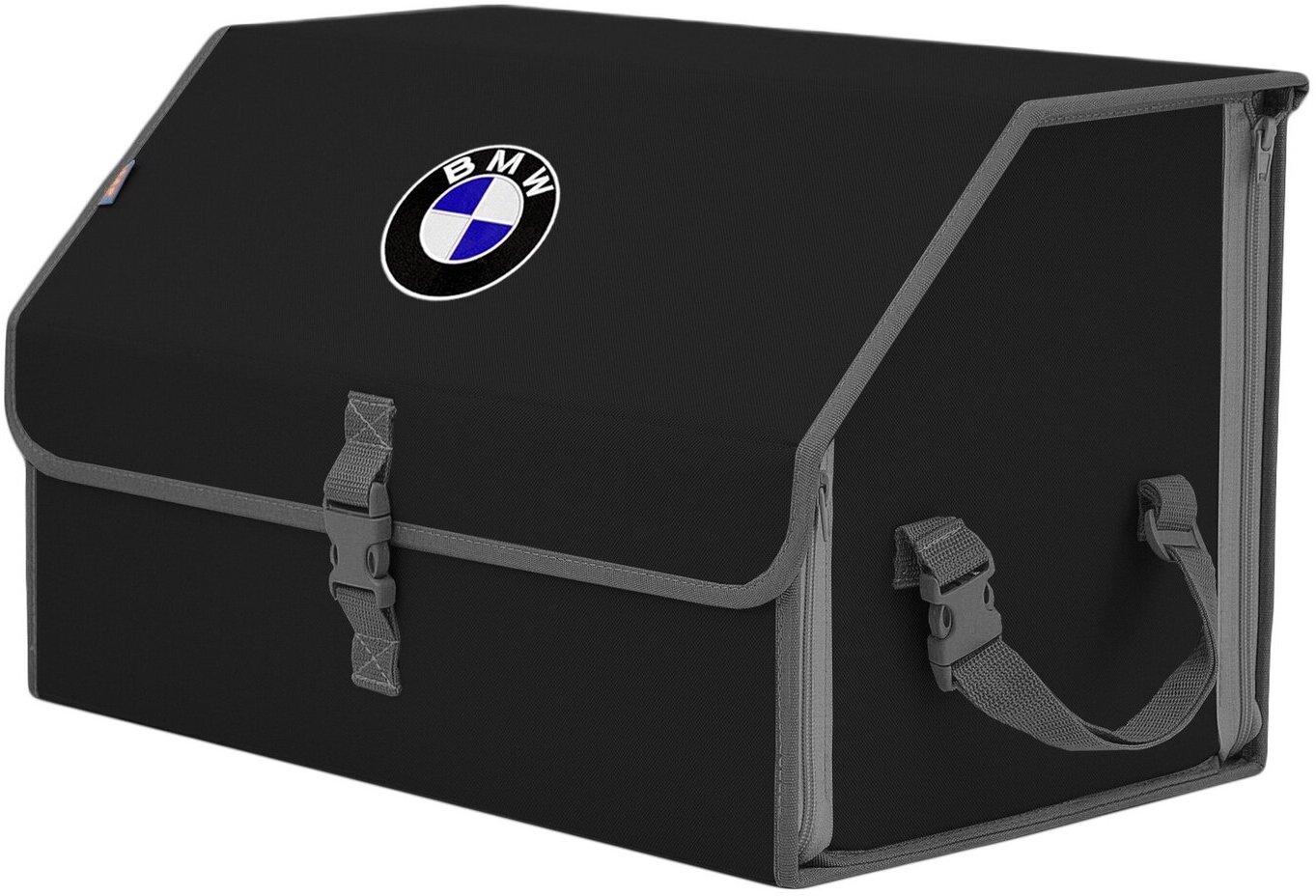 Органайзер-саквояж в багажник "Союз" (размер L). Цвет: черный с серой окантовкой и вышивкой BMW (БМВ).