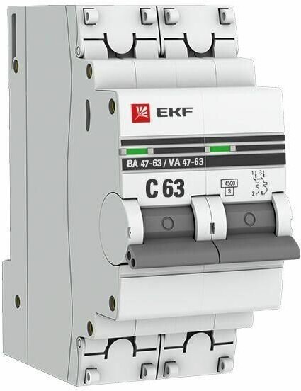Выключатель автоматический модульный 2п C 63А 4.5кА ВА 47-63 PROxima EKF mcb4763-2-63C-pro