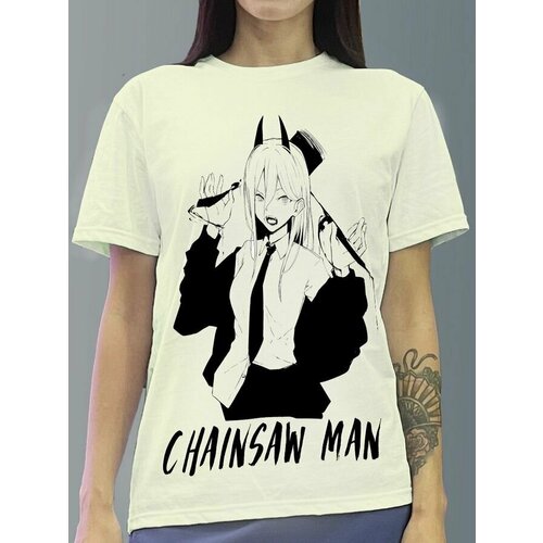 фото Футболка женская белая молочный оттенок из хлопка с dtf принтом аниме chainsaw man - 340 будь на стиле